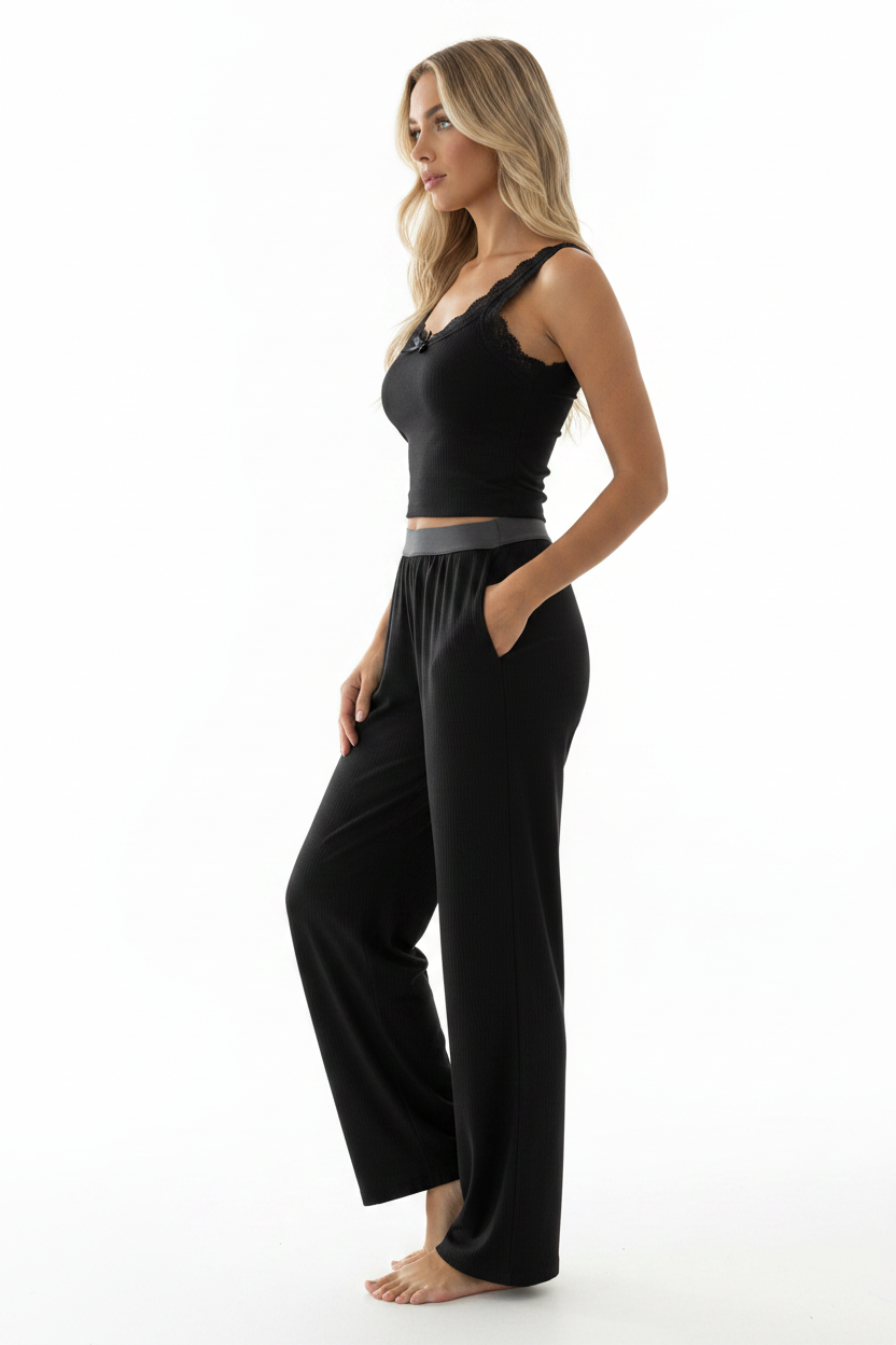 Women's Ribbed Pajama Set with Lace Accents | Soft & Comfortable Loung