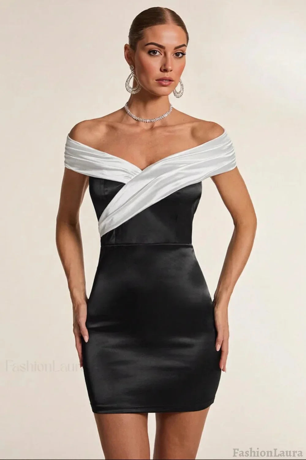 Black White Off Shoulder Party Dress S / Black