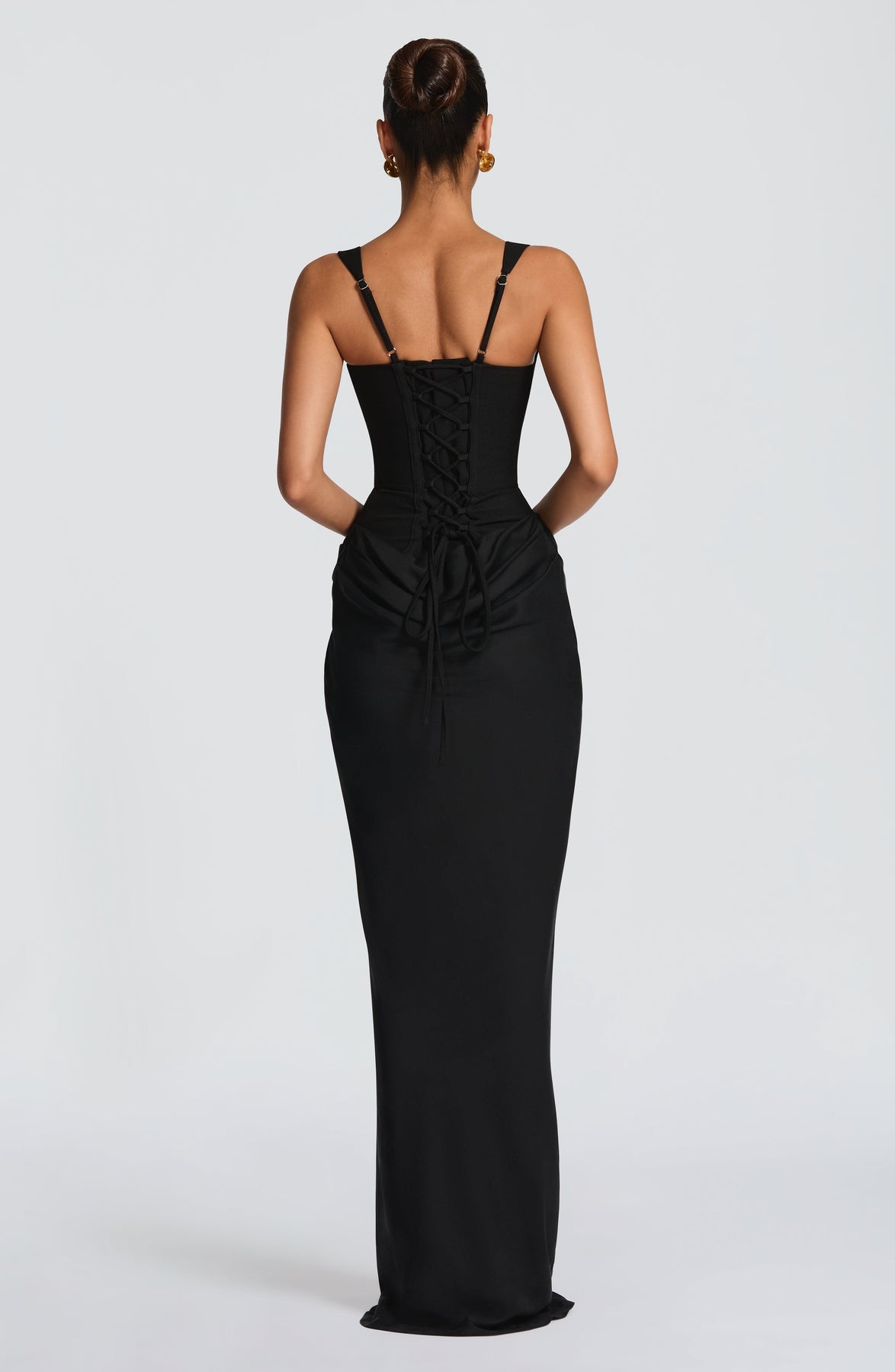 Square Neck Corset Bodice Draped Hip Satin Maxi Gown 2