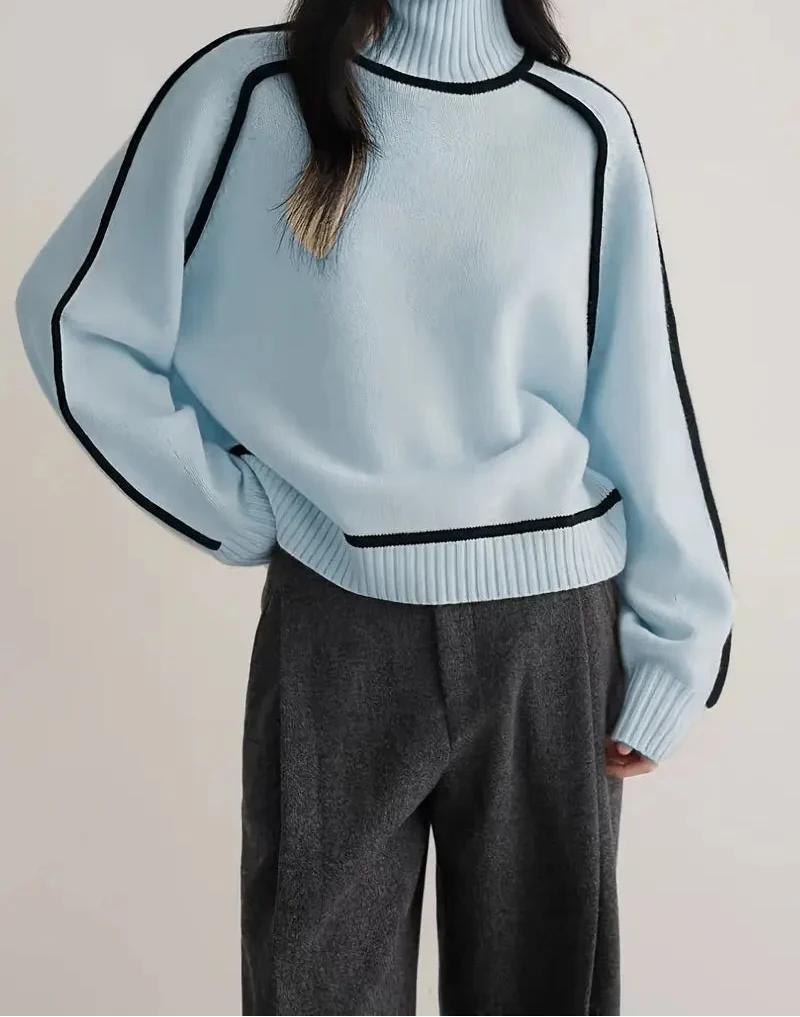 Turtleneck Long Sleeve Contrast Piping Sweater