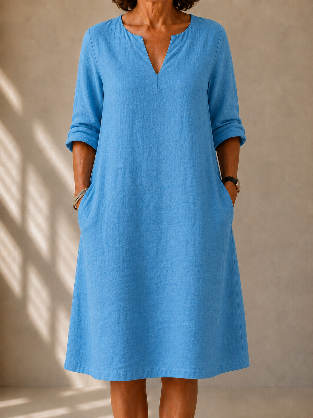 Notch Neck Long Sleeve Pocket Shift Midi Dress