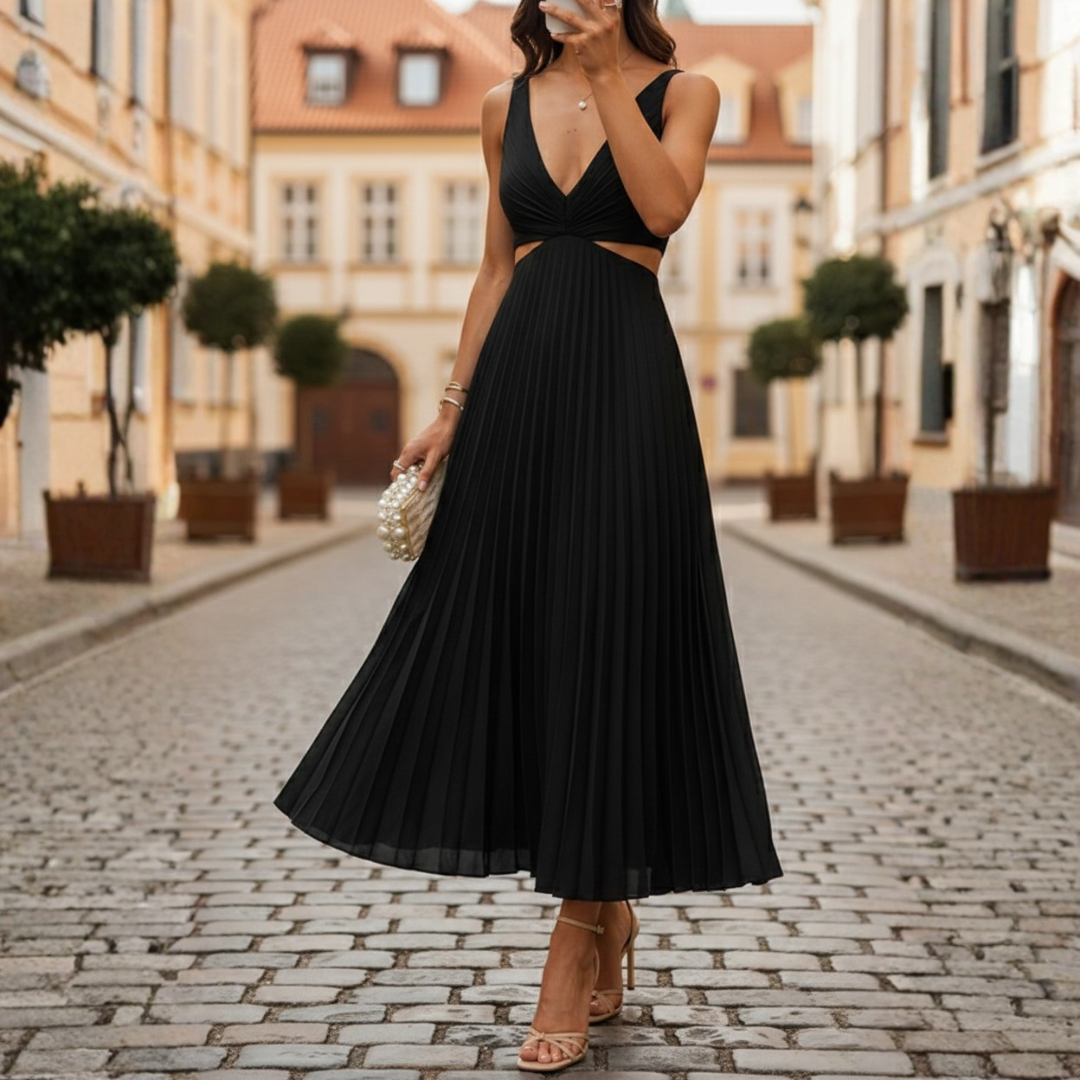 Deep V-Neck Cut Out Pleated Chiffon Maxi Dress 5