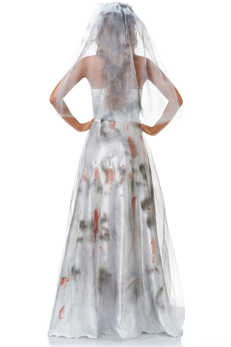 Bloody zombie Bride Halloween Tie Dye Mesh Satin Strapless Maxi Dress - White