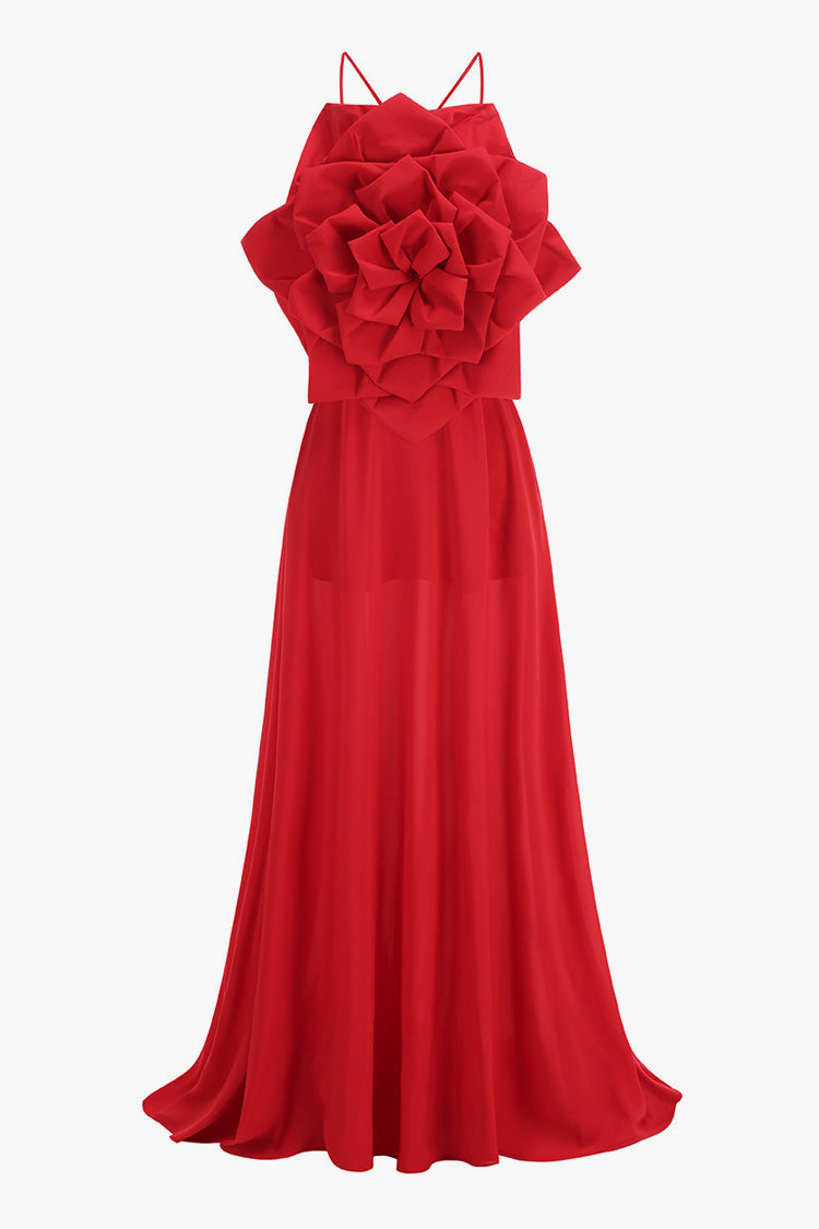 Bloom Rosette Sleeveless Pocketed Cross Backless Evening Maxi Dress