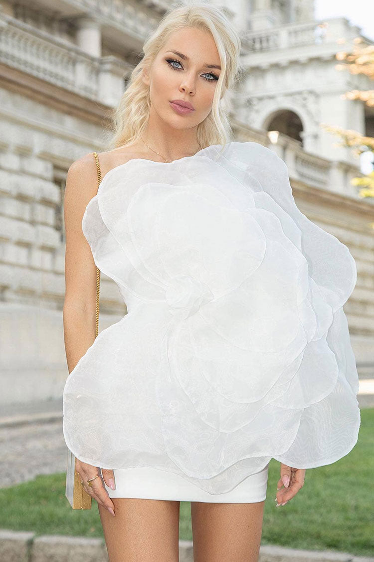One Shoulder Oversized Organza Rosette Bodycon Mini Dress