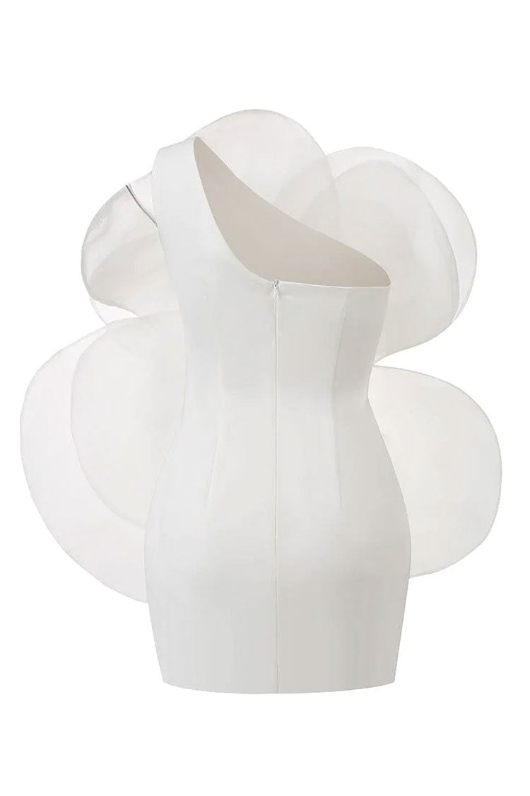 Blooming Rosette Applique One Shoulder Silky Satin Party Mini Dress - White 4