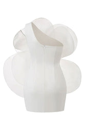 Blooming Rosette Applique One Shoulder Silky Satin Party Mini Dress - White 4