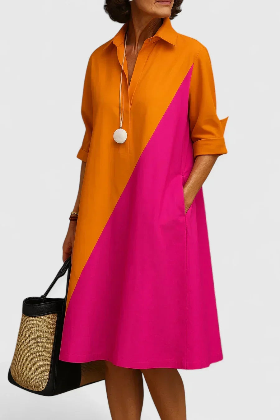 Color Block Collared Roll Sleeve Shift Midi Dress
