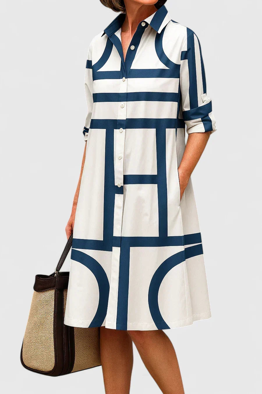 Geometric Print Collared Button Front Midi Shirt Dress