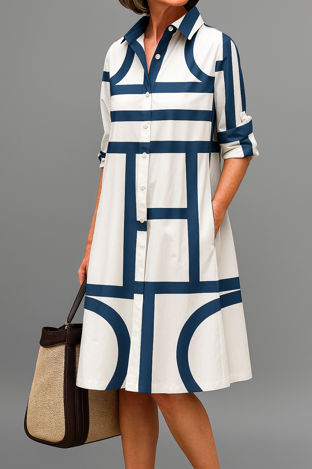 Geometric Print Long Sleeve Collared Shirt Dress