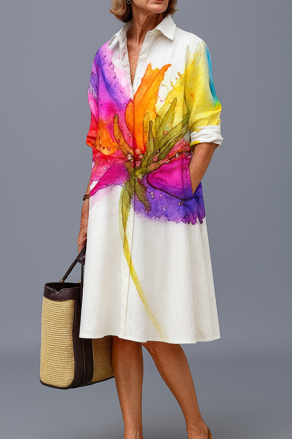 Watercolor Floral Print Long Sleeve Midi Shirt Dress