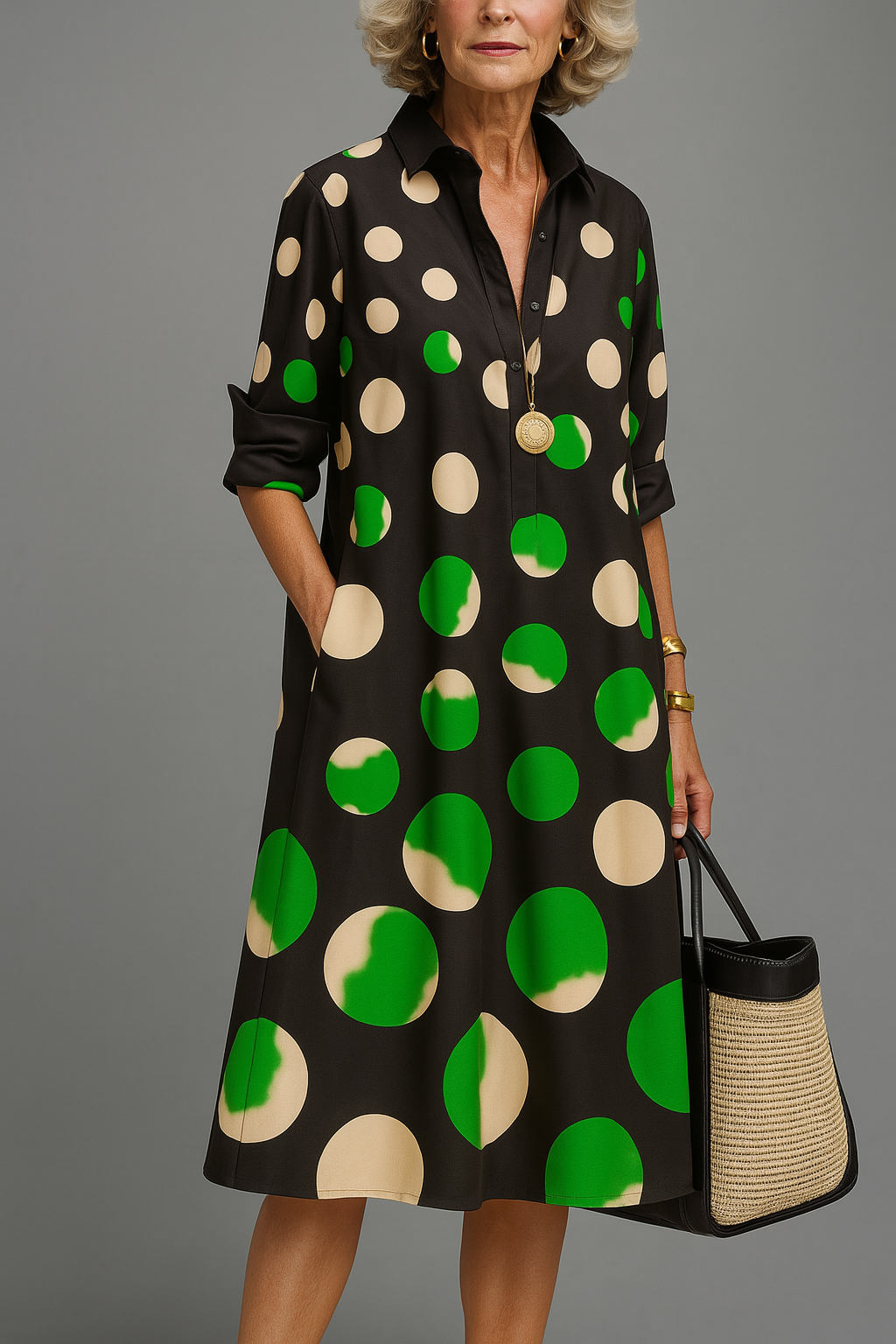 Polka Dot Collared Button Placket A-Line Midi Shirt Dress