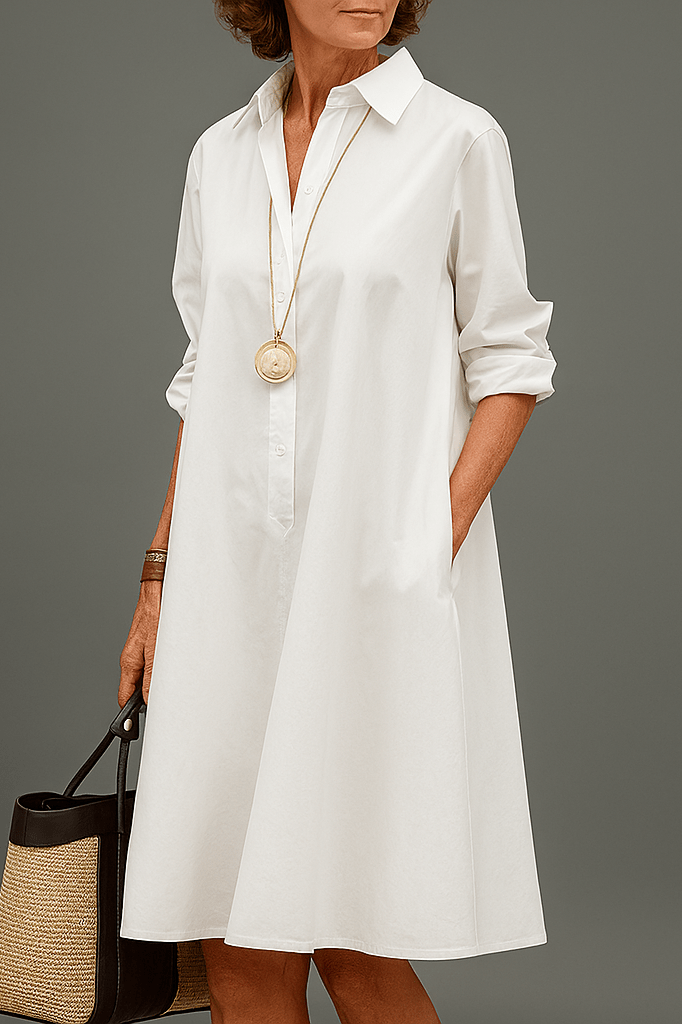 Collared Long Sleeve Pocket A-Line Midi Shirt Dress