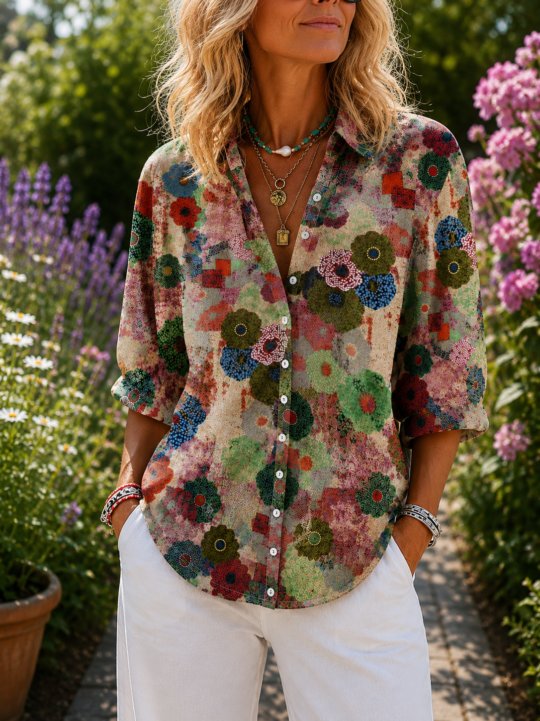 Floral Print Collared Button Front Long Sleeve Blouse