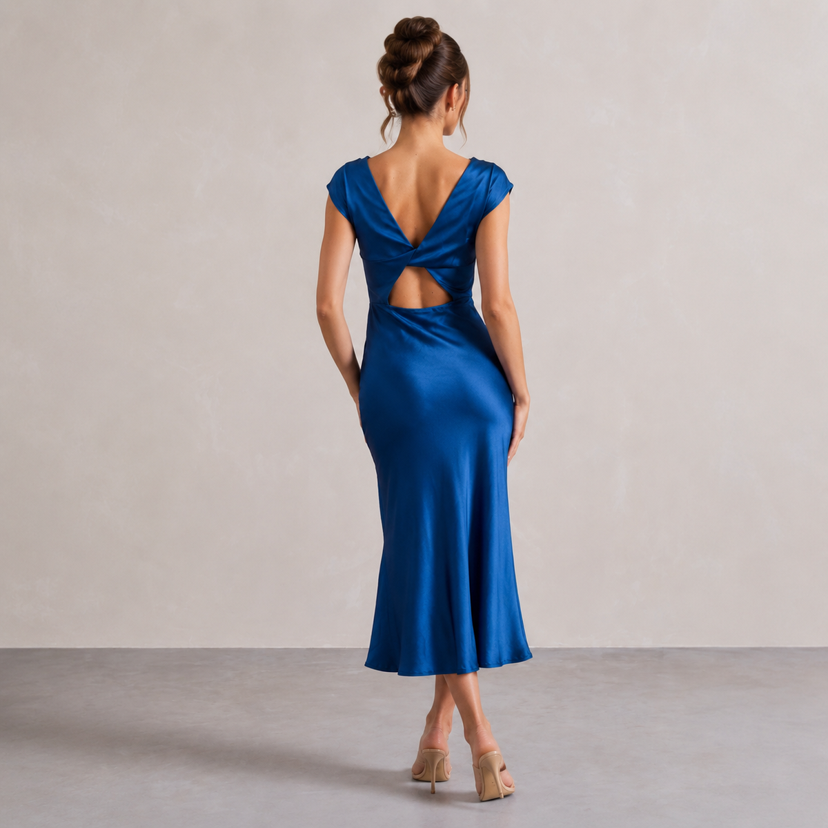 Satin Cowl Neck Cap Sleeve High Split Midi Dress 12