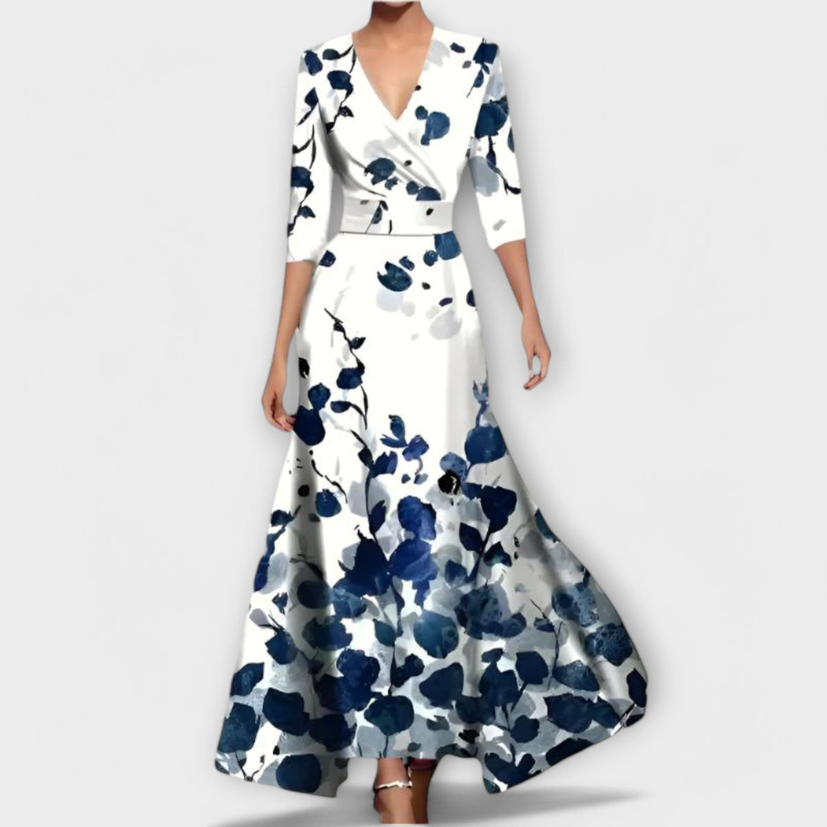 Floral Print V-Neck Long Sleeve Fit and Flare Maxi Dress