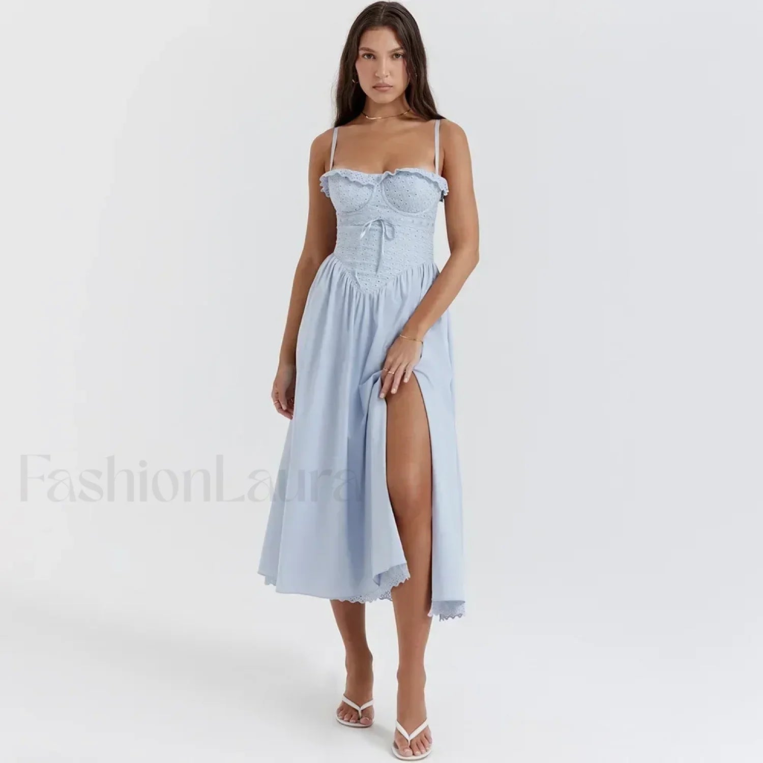 Blue High Split Lace Up Midi Dress blue / XS