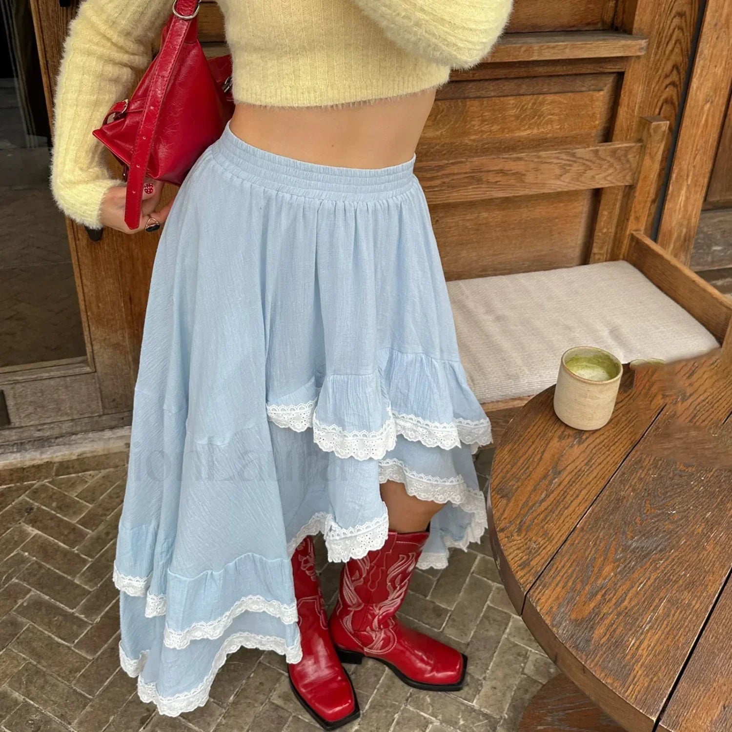 Blue Lace Patchwork Asymmetric Skirt