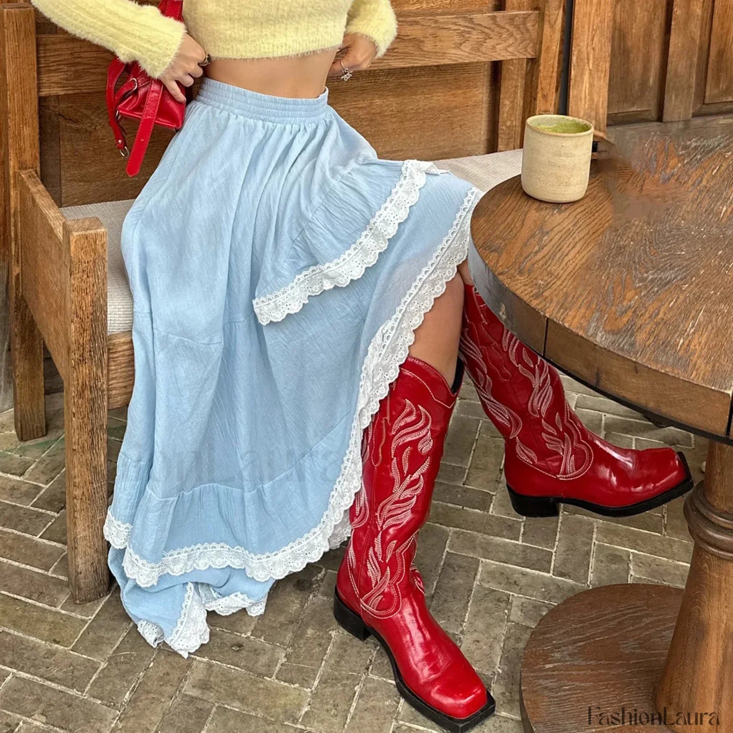 Blue Lace Patchwork Asymmetric Skirt