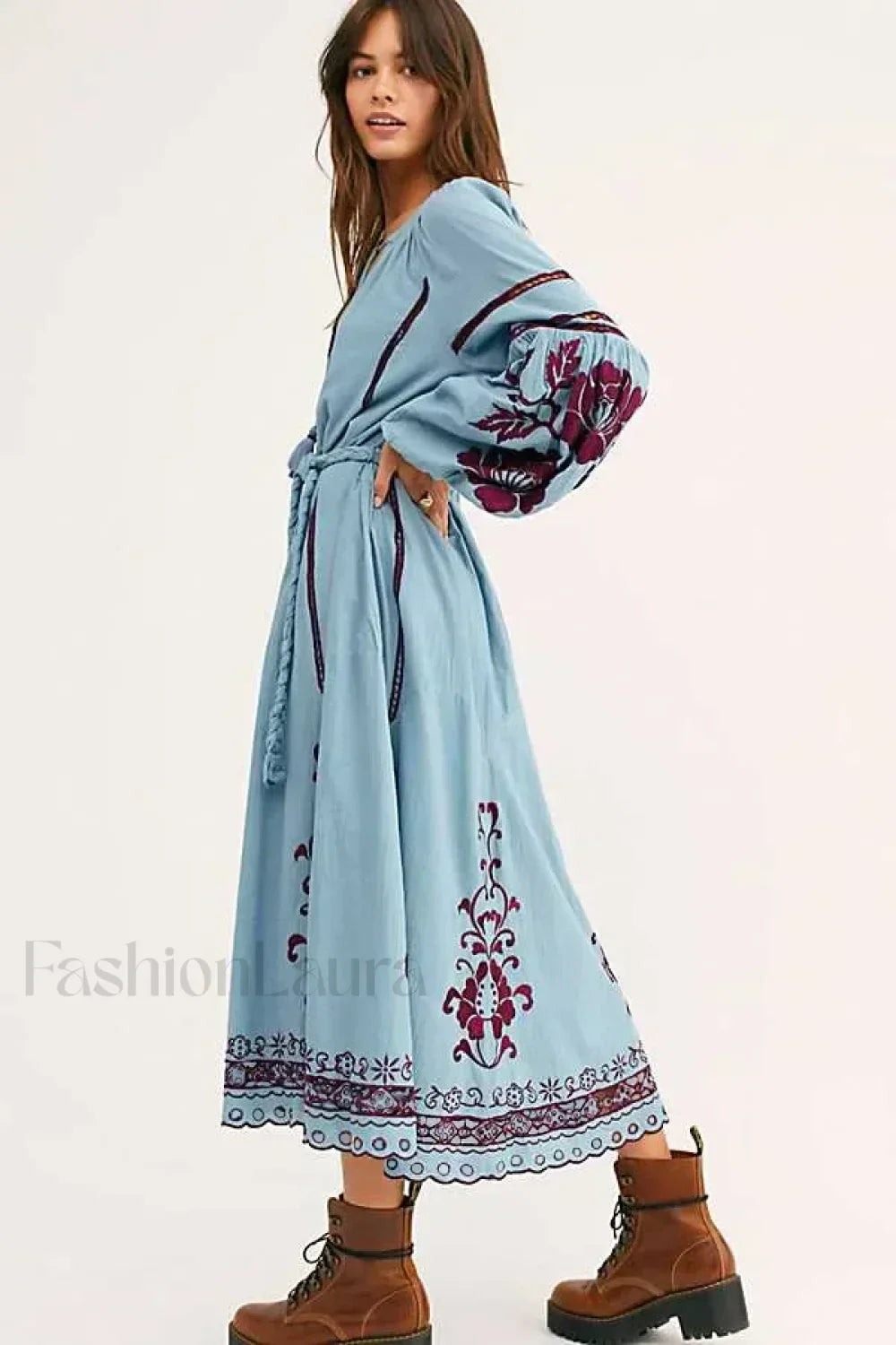 Blue Lantern-Sleeve Tunic Boho Dress