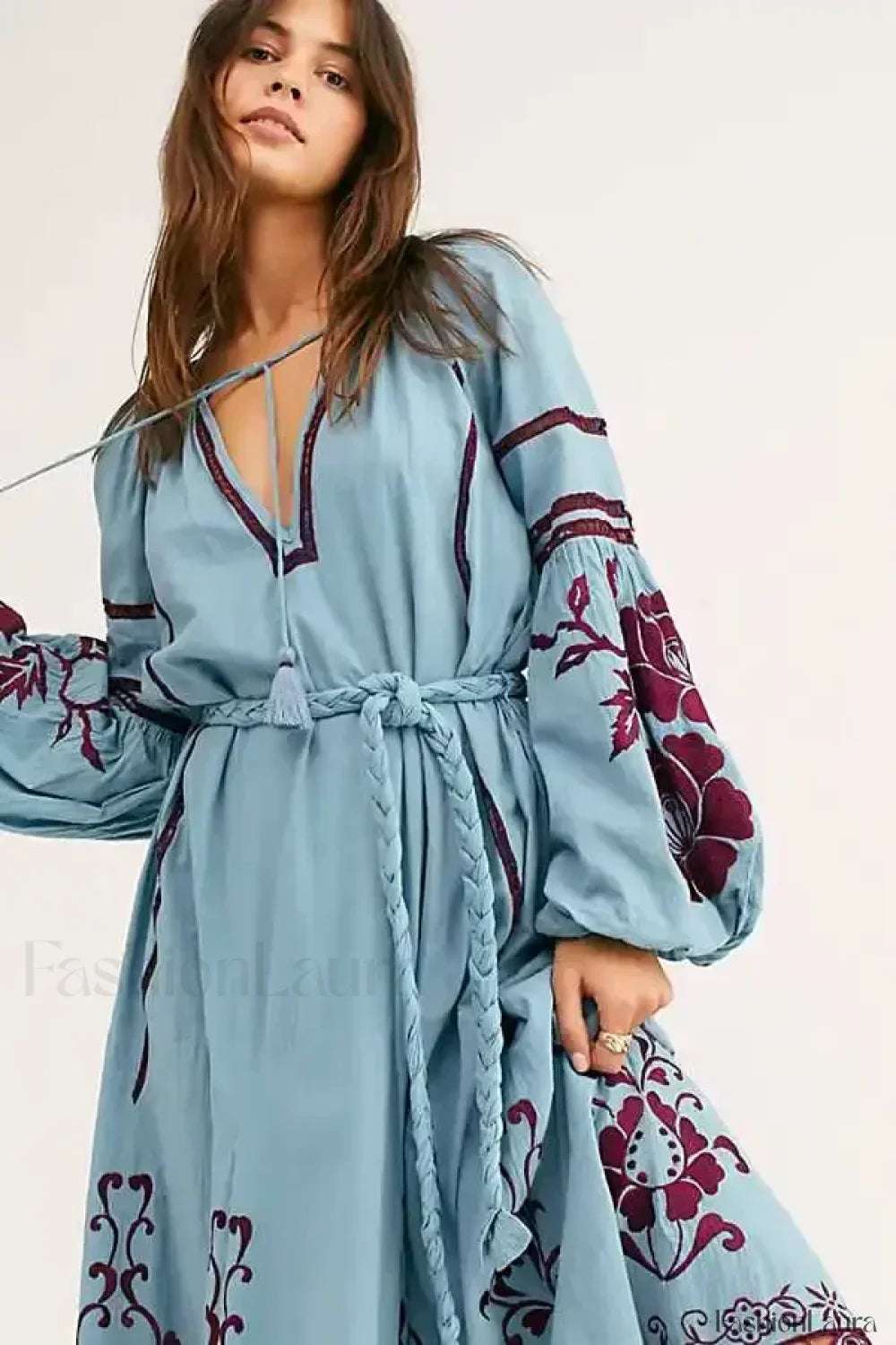 Blue Lantern-Sleeve Tunic Boho Dress