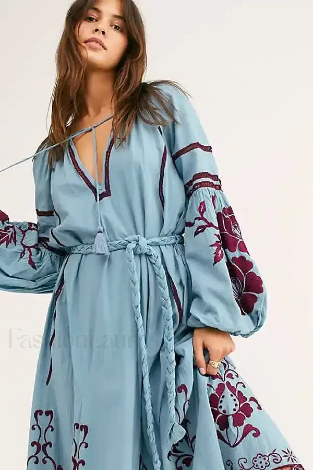 Blue Lantern-Sleeve Tunic Boho Dress