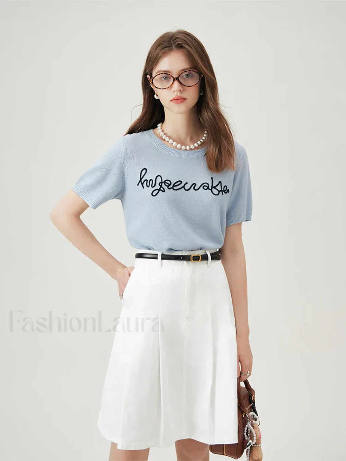 Blue Letter Embroidery Knit T-Shirt