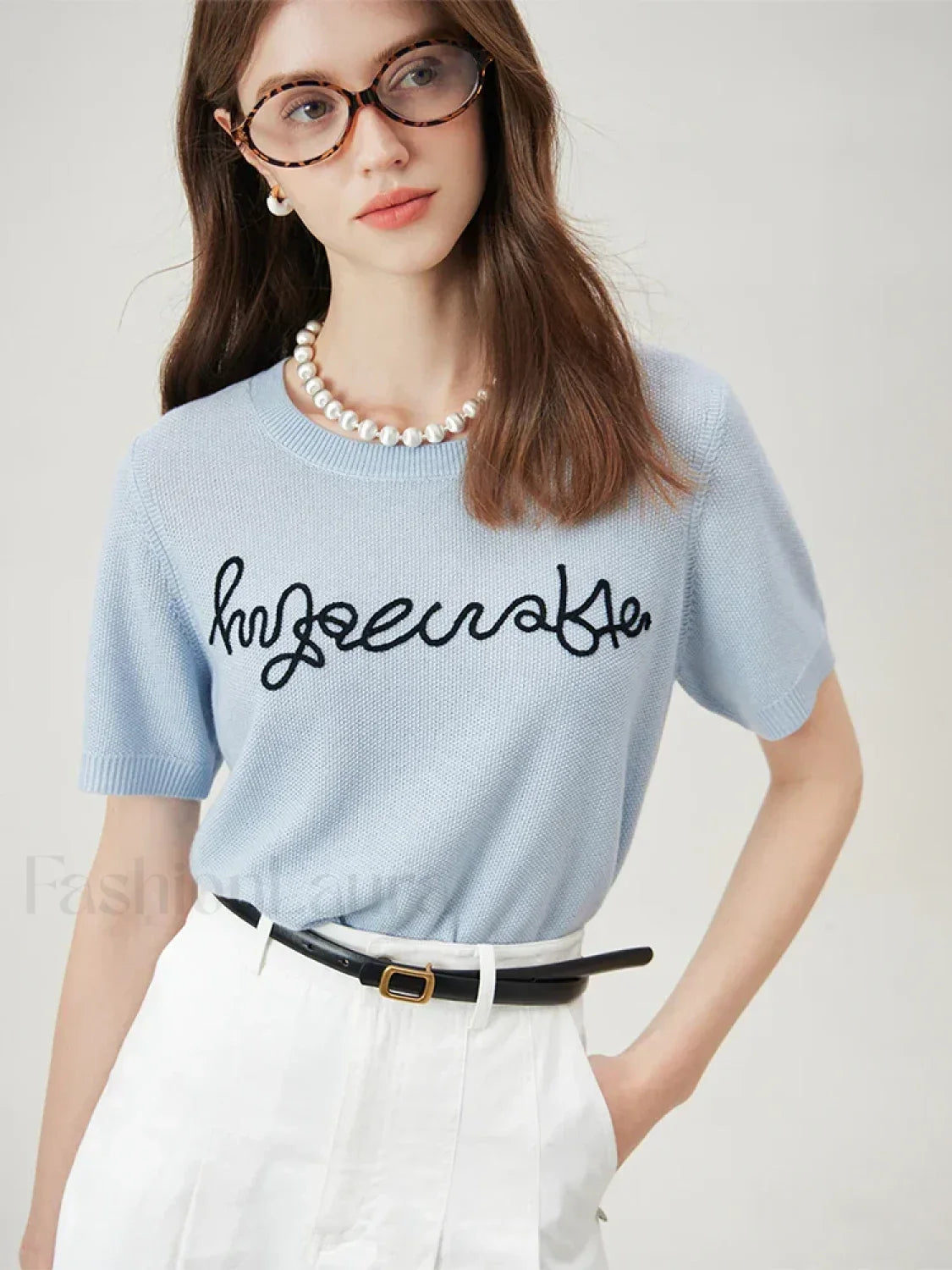 Blue Letter Embroidery Knit T Shirt Blue / XS