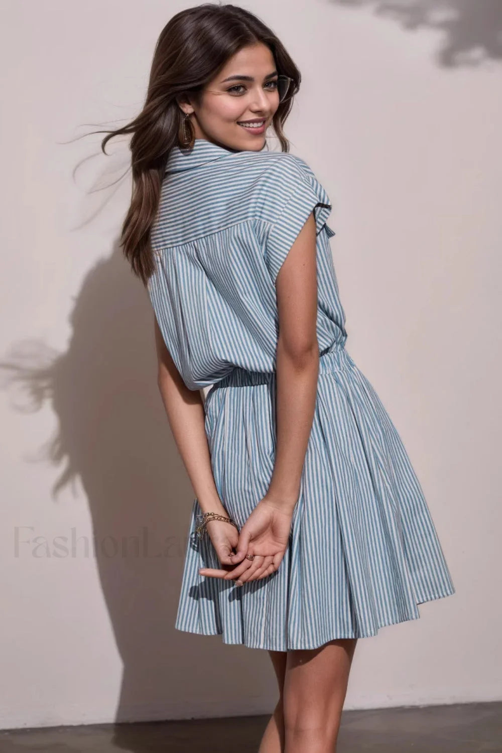 Blue Striped Collared Short Sleeve Bodycon Work Dress