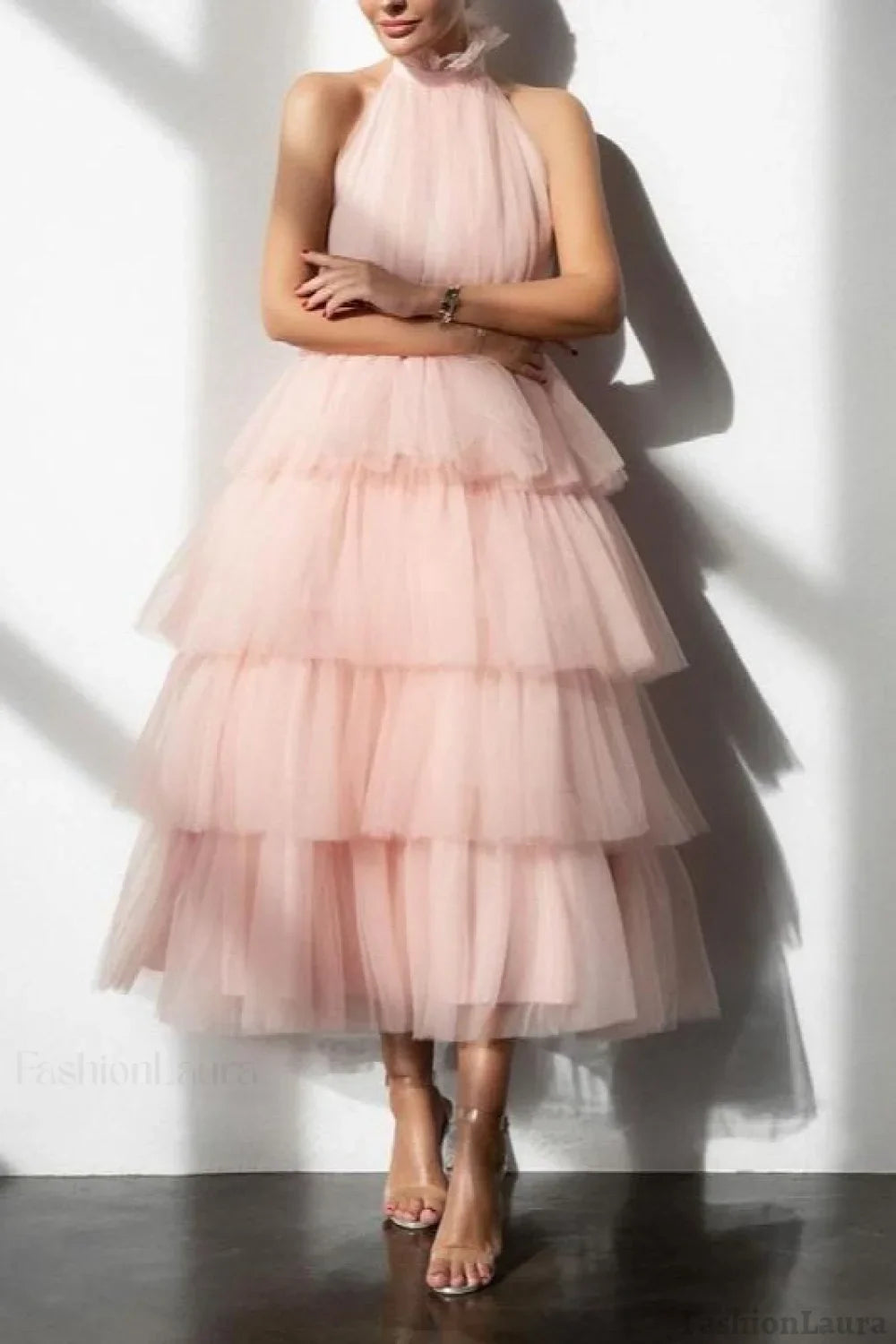 Blue Tiered Ruffle Mesh Party Dress XS / Pink