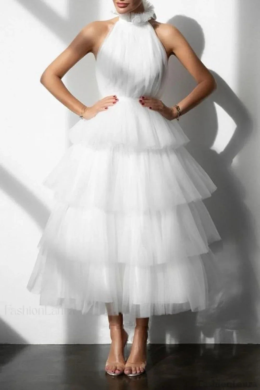 Blue Tiered Ruffle Mesh Party Dress XS / White