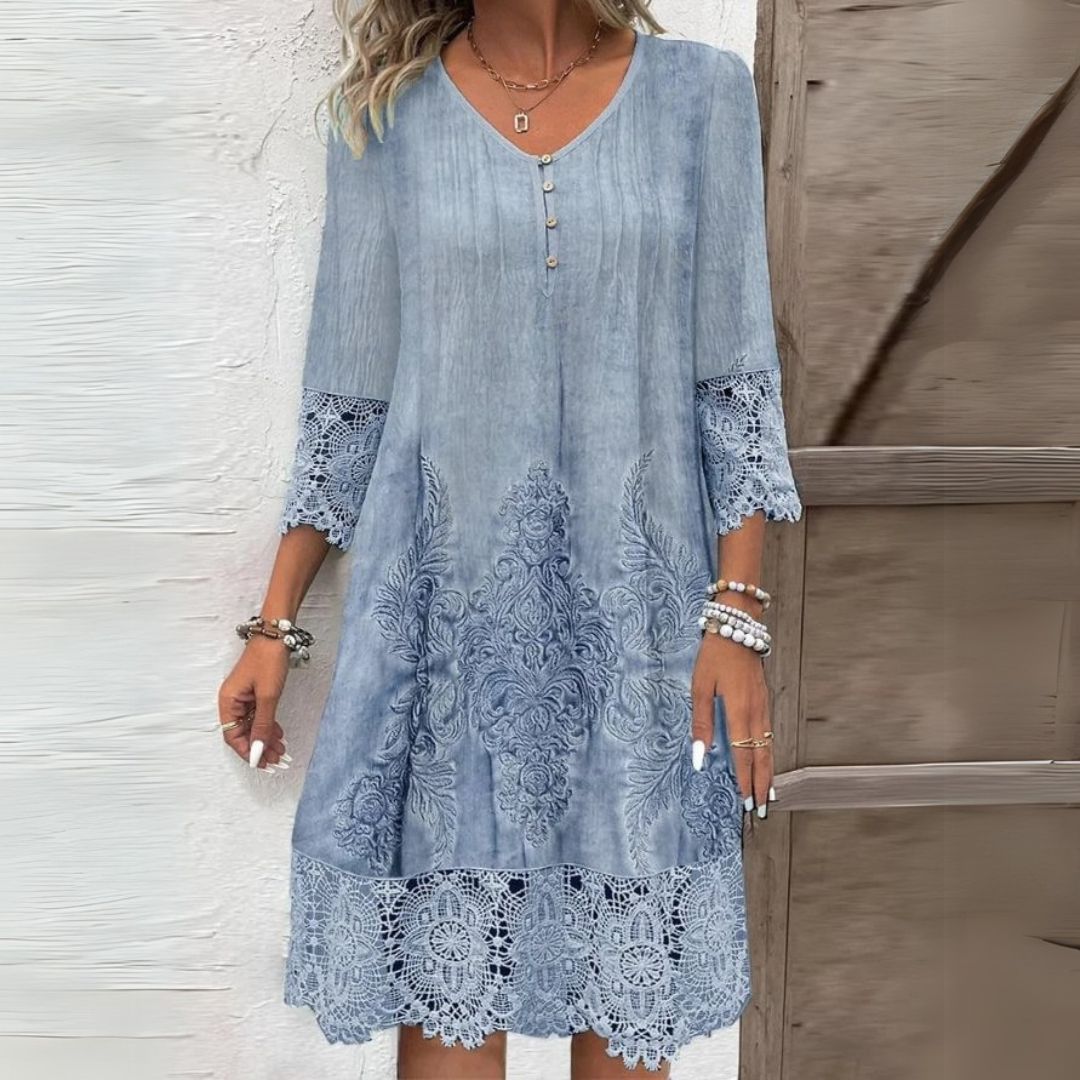 Lace Trim V-Neck Button Front Shift Midi Dress