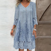 Lace Trim V-Neck Button Front Shift Midi Dress