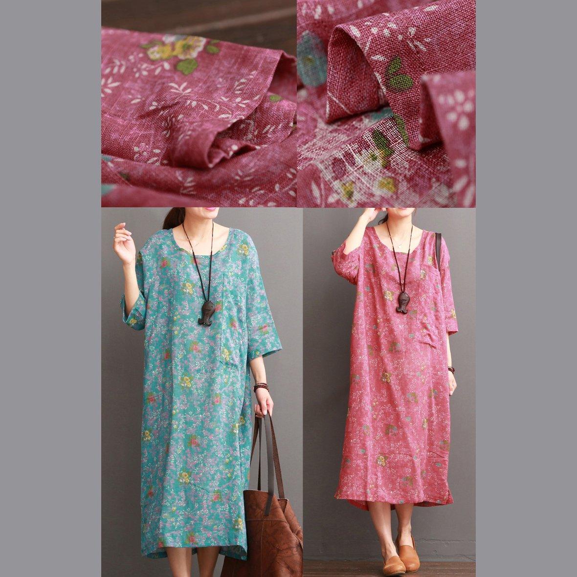 blue floral linen dresses for summer half sleeve