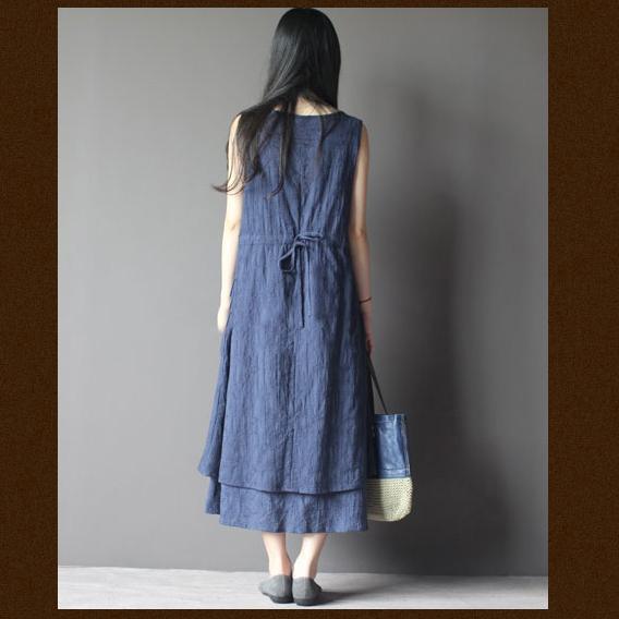 Blue Layered Cotton Summer Dress Long Maxi Sundress