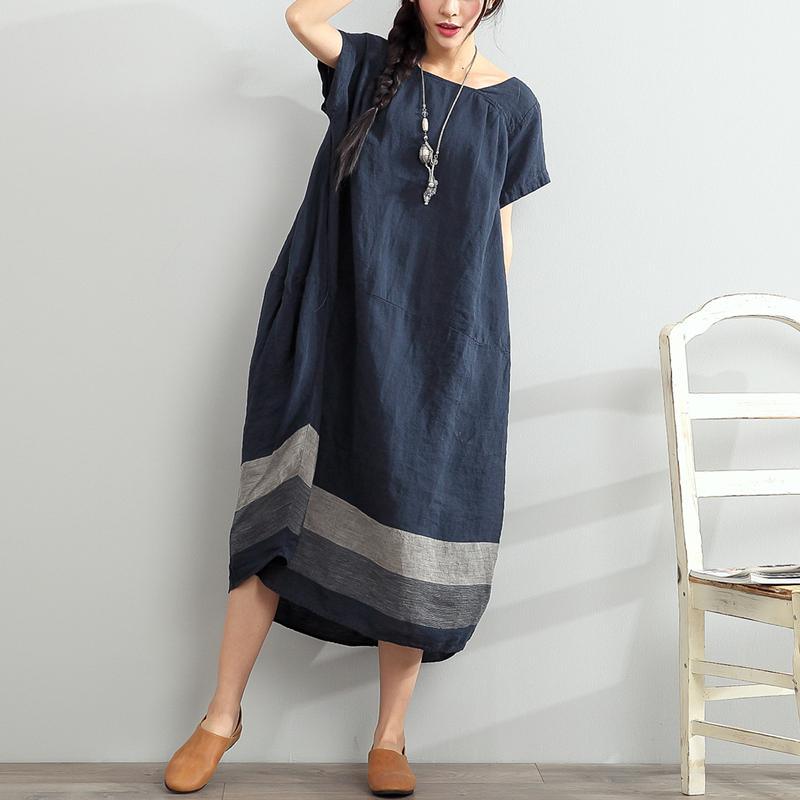 Blue Summer Linen Dresses Oversize Casual Sundress Slash Neck Maxi Dress