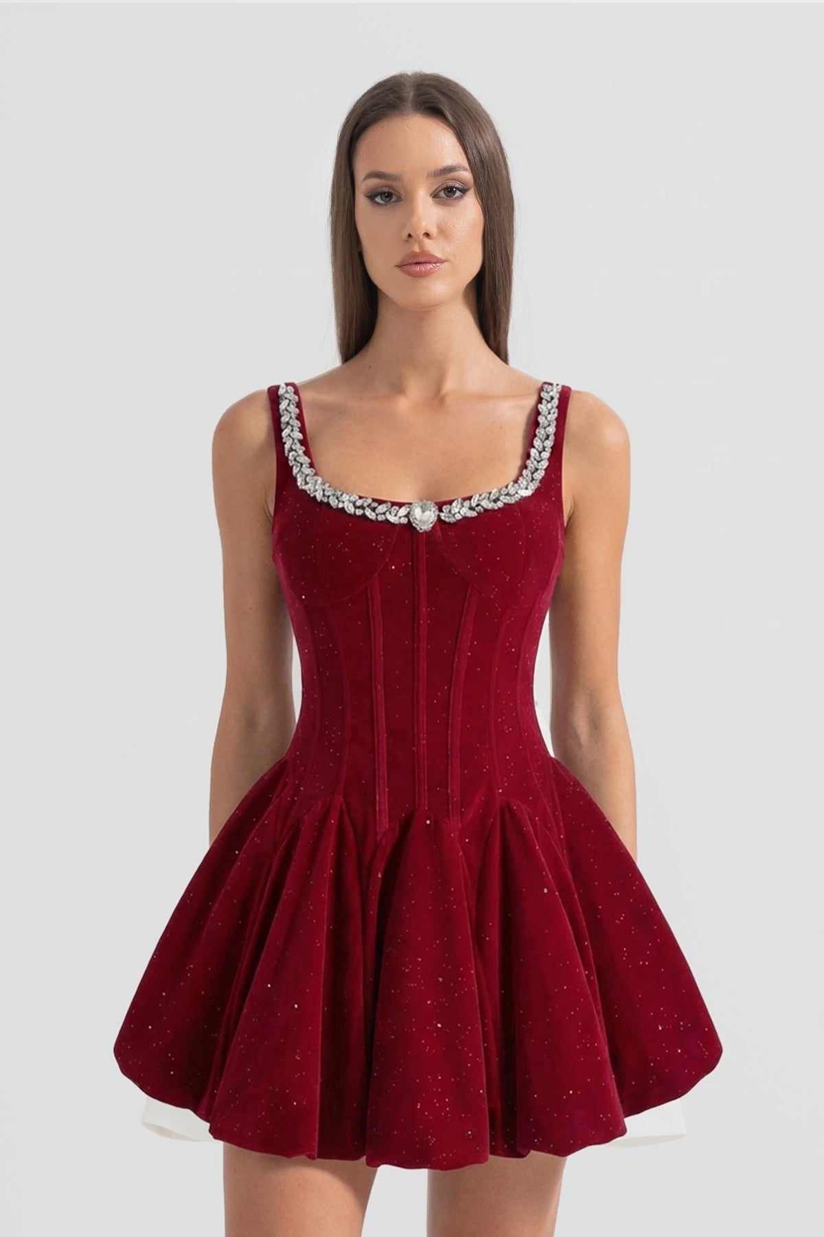 Velvet Square Neck Rhinestone Trim Corset Fit and Flare Mini Dress