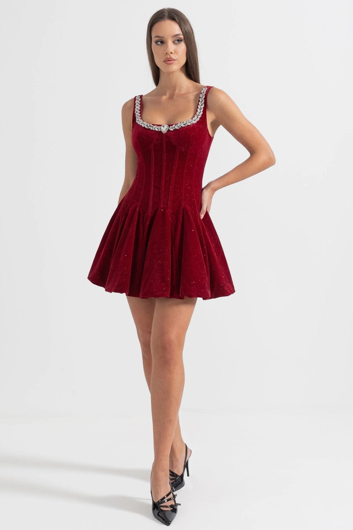 Velvet Square Neck Rhinestone Trim Corset Fit and Flare Mini Dress 3