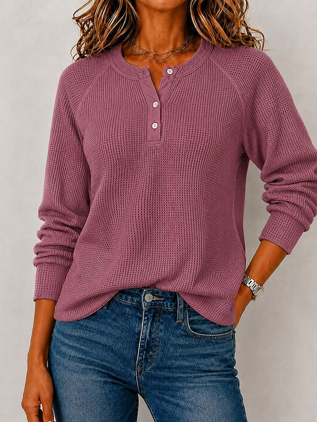 Split Neck Button Long Sleeve Waffle Knit Top