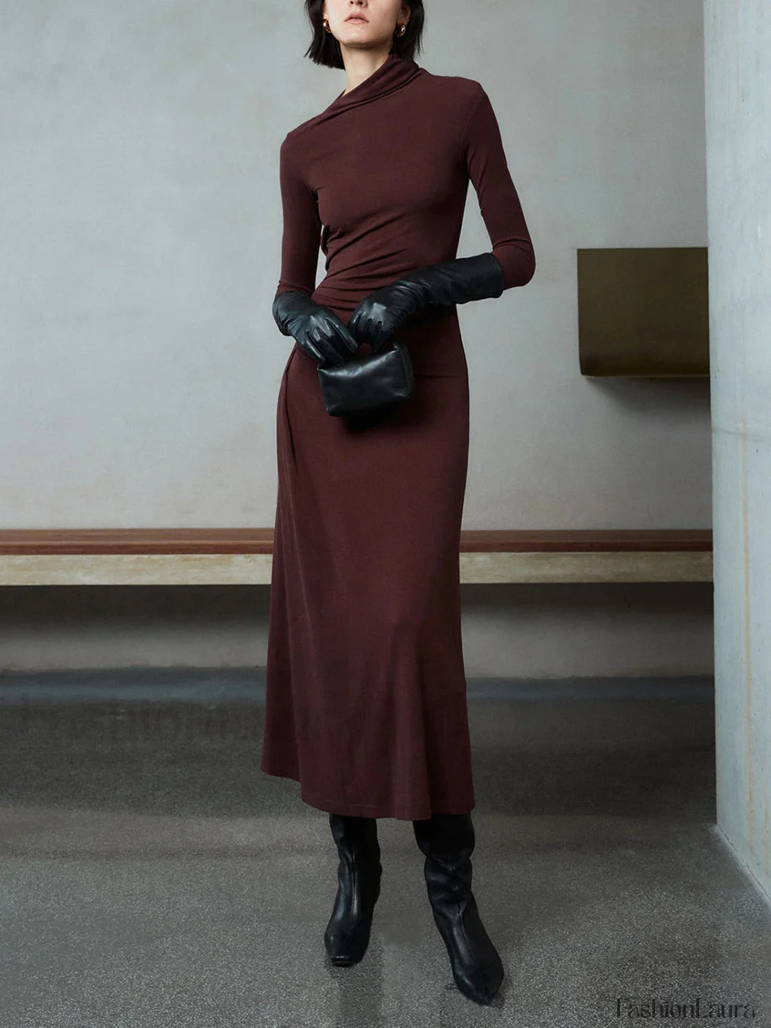 Bodycon Asymmetrical Neck Long Modern Sleeve Ruched Maxi Dress