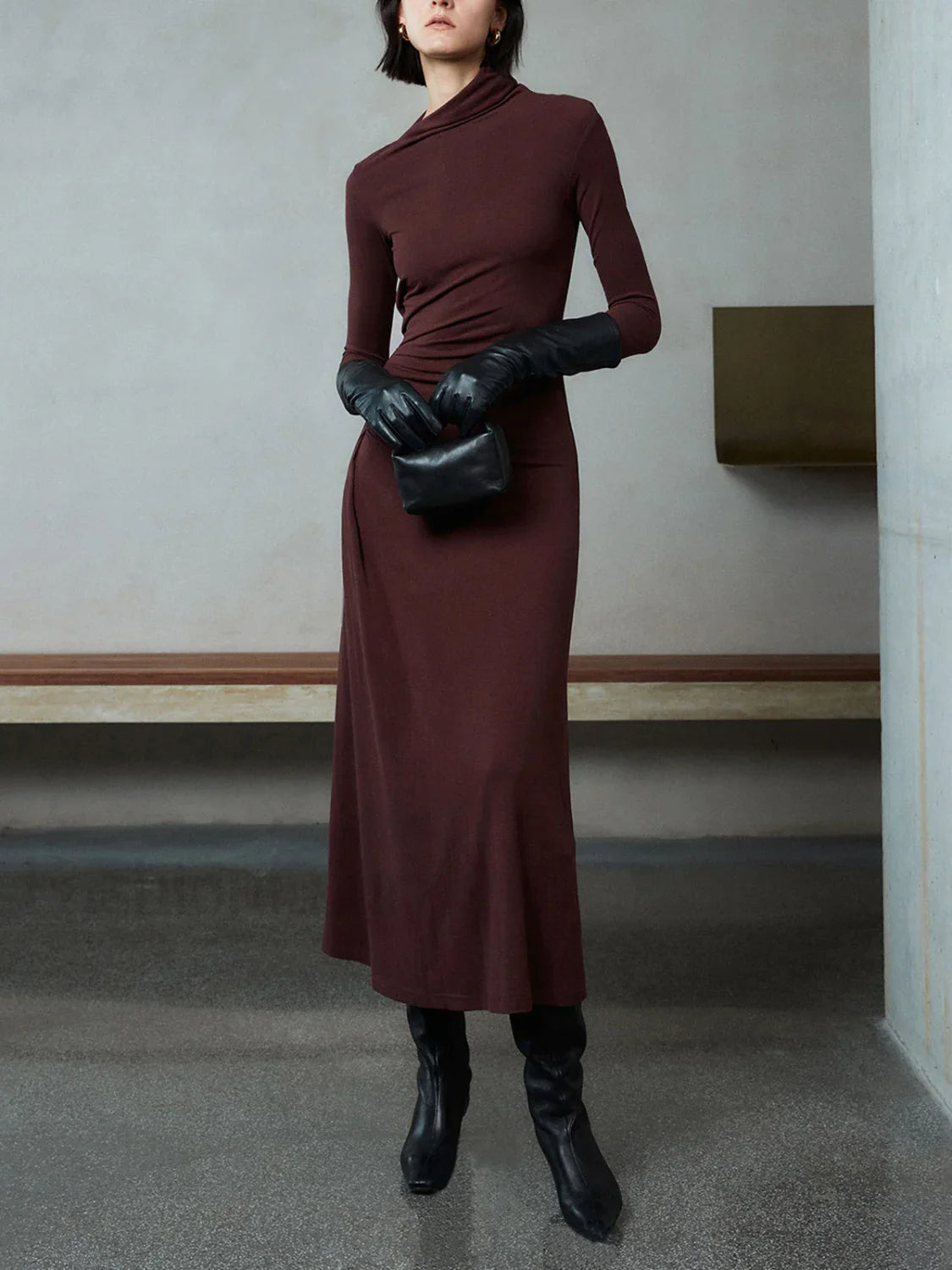 Bodycon Asymmetrical Neck Long Modern Sleeve Ruched Maxi Dress