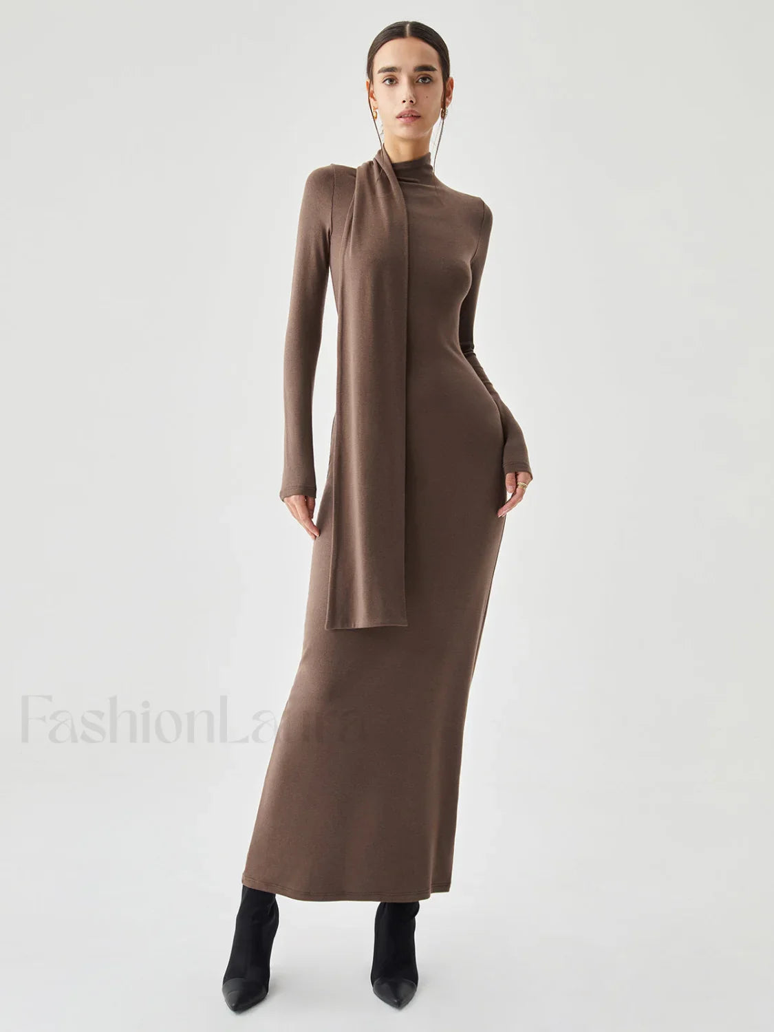 Bodycon High Neck Ribbed Knit Classic Long Dress with Matching Scarf
