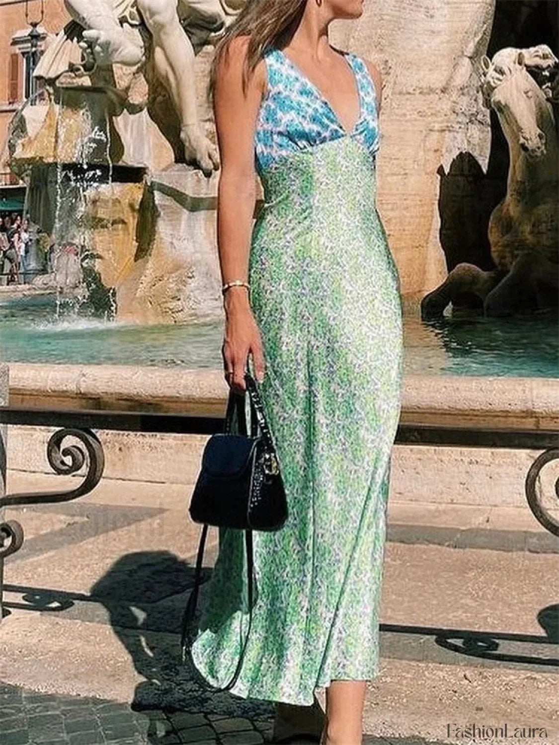 Bohemian Floral Print Deep V Neck Bodycon Floral Dress