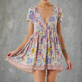 Floral Print V-Neck Short Sleeve Button Front Mini Dress 2