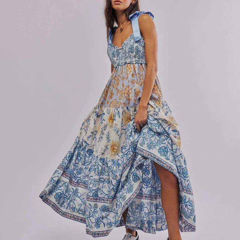 Floral Print Sweetheart Smocked Tiered Maxi Dress