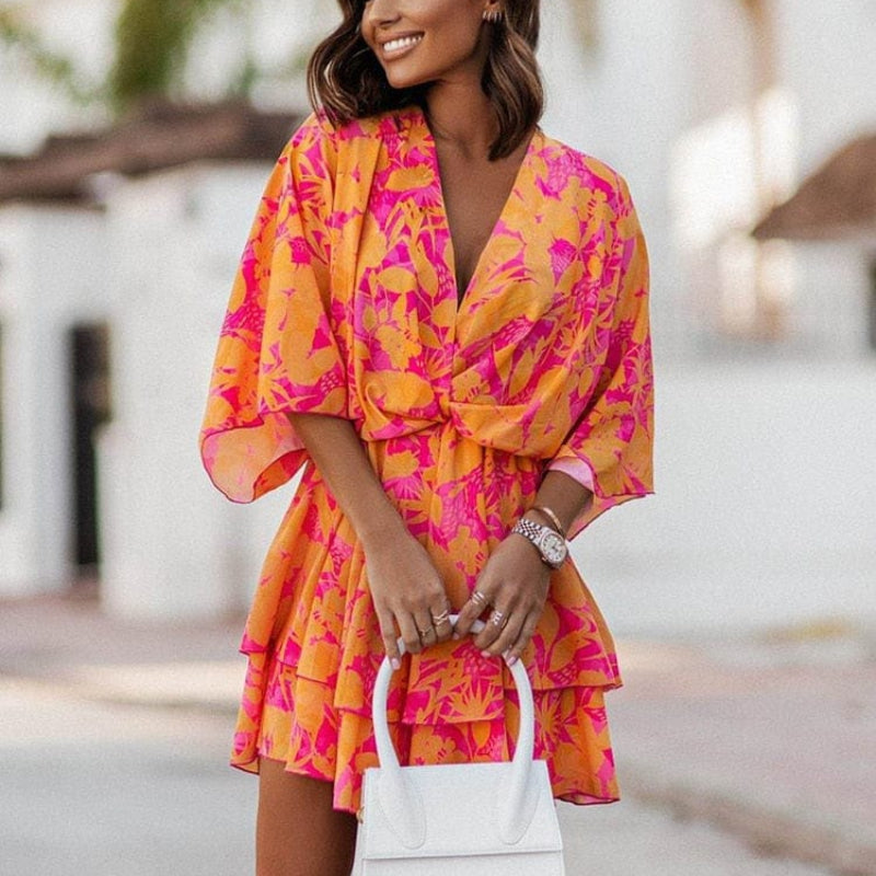 Floral Print Deep V-Neck Batwing Sleeve Tiered Ruffle Mini Dress 3