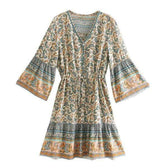 Floral Print V-Neck Bell Sleeve Button Front Mini Dress 5