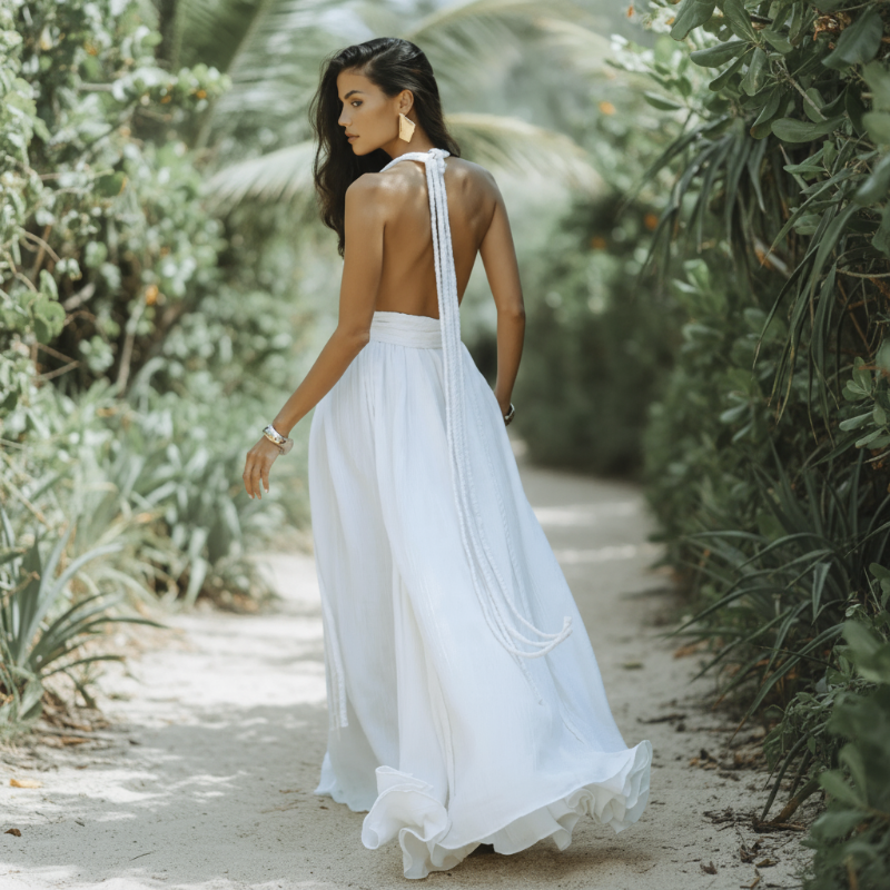 Deep V-Neck Halter Tie Waist Maxi Dress 3