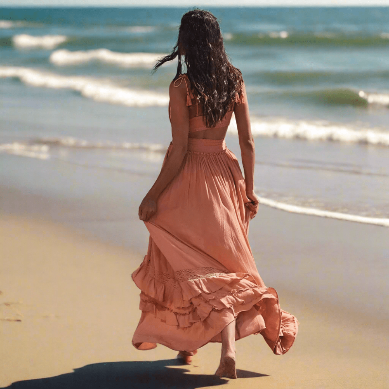 Lace Trim Sleeveless Tiered Ruffle Maxi Dress Summer 5