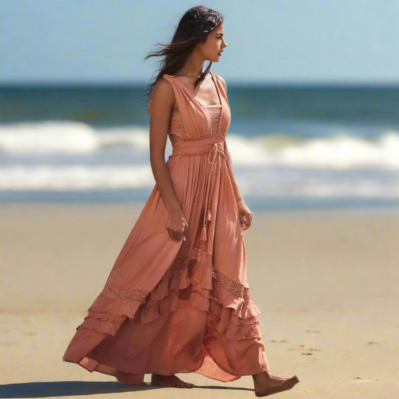 Lace Trim Sleeveless Tiered Ruffle Maxi Dress Summer